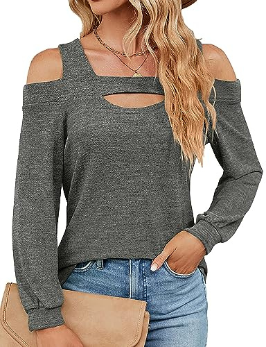 HANERDUN Camicia Donna Maniche Lunghe Blusa Camicetta con Spalle Scoperte Elegante Tunica Lavorata a Maglia con Scollo Quadrato
