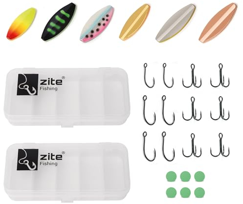 Zite Fishing Inline Spoon Set - Durchlauf-Blinker Metallic & Neon - Angelköder - 2,3-5g Forellenköder - Köderbox Gummiperlen Haken