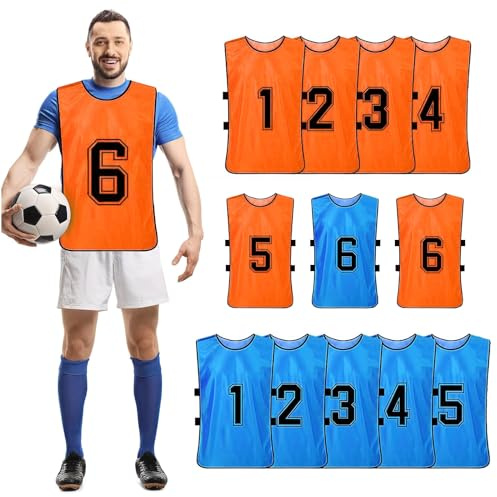 MSYU Scrimmage - Gilet da calcio numerato, 12 pezzi, ad asciugatura rapida, per allenamento di squadra, per adulti e ragazzi, 2 colori, Blu scuro Arancione, XL