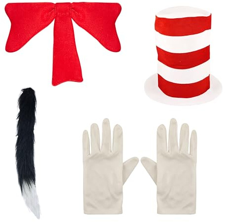 HENBRANDT Children’s Hat Cat Costume Kit with Red and White Top Hat + Big Red Bow + Black Cat Tail + White Gloves School Book Day Storybook Halloween Costume Fancy Dress Accessories Set for Kids
