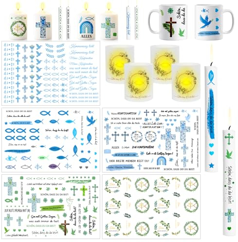 SelfTek Kerzentattoos Kommunion, 5 Stück 29 x 19 cm Kerzen Tattoo und 4 Stück Windlicht Fisch Tischdeko, Geschenk für Jungen und Mädchen