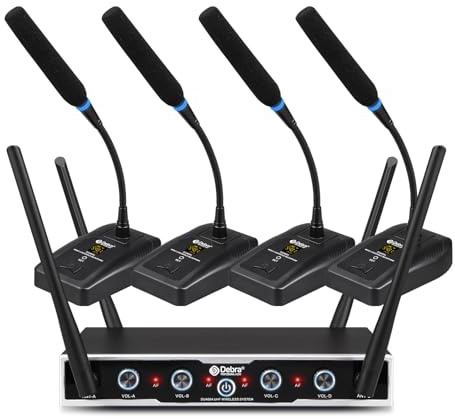 D Debra Micrófono inalámbrico Profesional DU4004 UHF – Sistema de 4 Canales con 16 Frecuencias Ajustables – Micrófono de Cuello de Cisne omnidireccional 360° para conferencias y reuniones