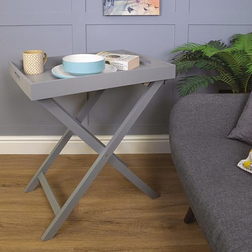 Folding Butlers Tray & Stand - Stylish Wooden Side Table with Detachable Top for Serving Food or Drinks – Ideal for Home, Garden, Kitchen, Lounge, Bedroom, Caravan, Camping - H77 x W60 x D40cm, Grey