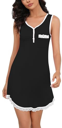 Enjoyoself kvinnor ärmlös bomull nattlinne sommar bekväm nattkläder klassisk Henley hals pyjamas amningsklänning, Svart, M