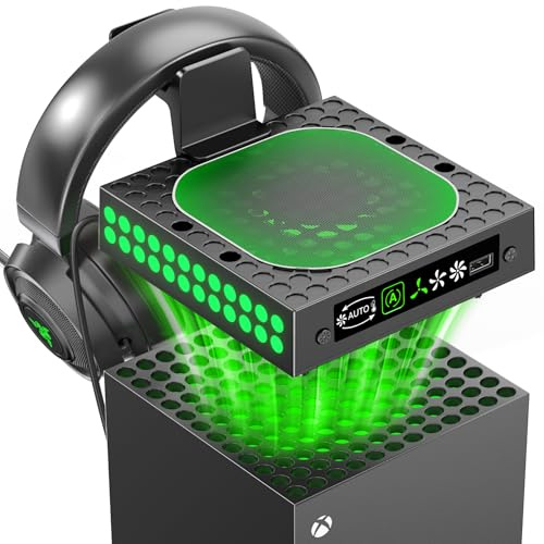 Kosker Xbox Series X Cooling Fan Dust Cover with Auto Mode, Xbox Series X Fan with 9 RGB Lights, Built-in AUTO Adjustable Fan Cooling System, XBX Serie X Cooling Stand with Headset Holder