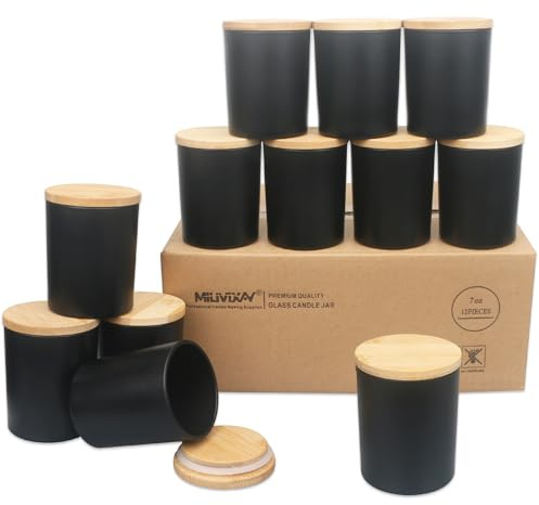 MILIVIXAY Confezione da 12 Barattoli di Candela da 7 OZ in Vetro Nero Opaco Spesso con Coperchi - Barattoli di Candela Vuoti all'Ingrosso per la Fabbricazione di Candele - Contenitori per Spezie e