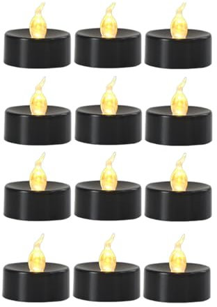 LOVIVER Lot de 12 Bougies Chauffe-Plat sans Flamme Noires à LED électriques pour décoration de fête à thème ou d'automne, Flash Blanc Chaud