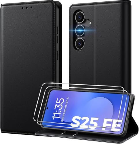 Peakally Handyhülle für Samsung Galaxy S25 FE Hülle Mit 2 Panzer Schutz Glas, Premium PU Lederhülle mit Kartenfach RFID-Blockierung Standfunktion Klapphülle für Samsung S25 FE, Schwarz