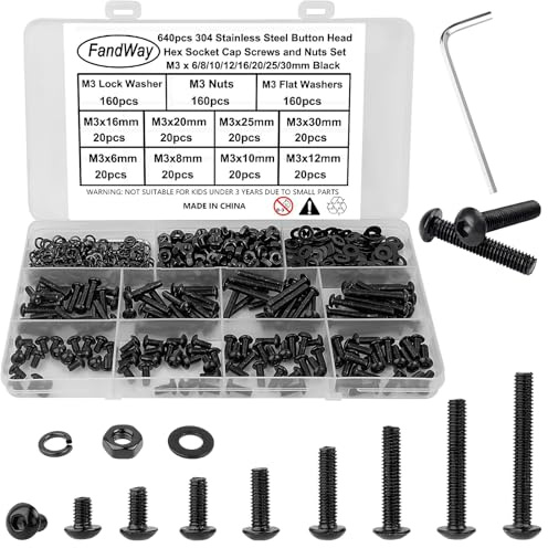 FandWay Set di viti M3, 640 viti a testa bombata con esagono incassato, viti filettate a testa rotonda, viti esagonali in acciaio inox 304 nero epossidico, viti per macchine e rondelle.