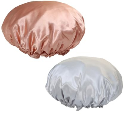 2 gorros de ducha de satén para mujer, impermeables, para mujeres, niñas, elásticos, reutilizables, para baño, spa, salón de maquillaje, (oro rosa y gris)