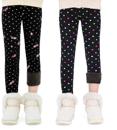 FILOWA Termiska leggings för flickor, 2-pack, fleecefodrade termoleggings med hög midja, barn, tryckta varma byxor, elastiska, långa termobyxor, höst, vinter, leggings för tonåringar 4–11 år, storlek