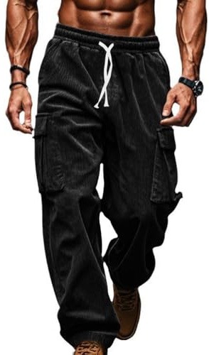 Oanviso Homme Pantalon en Velours Cargo Pantalons avec Poches Hiver Chaud Vintage Baggy Doux Élastique Business Jambe Large Pants de Costume Coupe Droite A Noir M