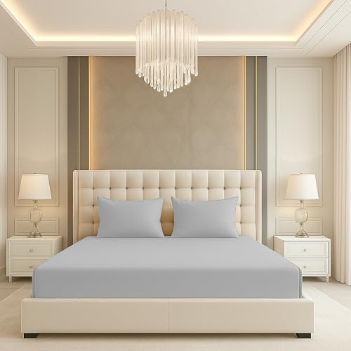 BEDIO Extra Deep Fitted Sheets Double Bed Sheet Grey Bedding 16 inch 40 CM Deep Fit, Soft Brushed Microfiber Fabric with All Around Elastic - Shrinkage, Fade Resistant 137x190cm