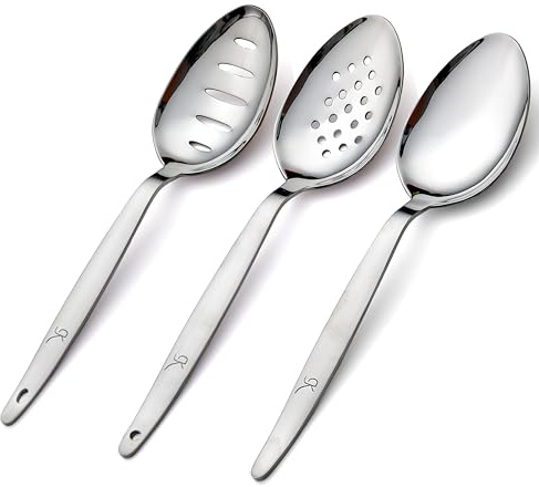 BNAZIND 3-PCS Kunz Spoon | 9 Inch 18/10 Stainless Steel Serving Spoons Set Include Serving Spoon, Slotted and Perforated Spoons (Medium 9 Inch, 3 Pack All Kunz)