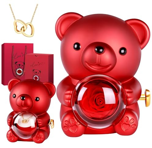 RNPKZ Orsetto con rose eterne, regalo per donne, orso di rosa eterna, confezione regalo con orsacchiotto, rosa eterna con collana, festa della mamma, San Valentino, compleanno, Natale, regalo per
