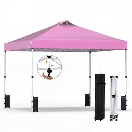 GOPLUS Carpa Plegable 3x3 m, Cenador Pop-up Impermeable, Ajuste Altura, Acero y Tela Oxford, Sacos de Arena,Bolsa Portátil con Ruedas, Carpas de Jardin para Eventos,Playa (Rosa, 300x300x270 cm)