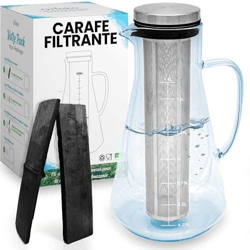 ORINKO Kit di purificazione dell'acqua: Takesumi giapponese x2 + Caraffa in vetro, carbone attivo giapponese per acqua con caraffa filtrante 1,6 L