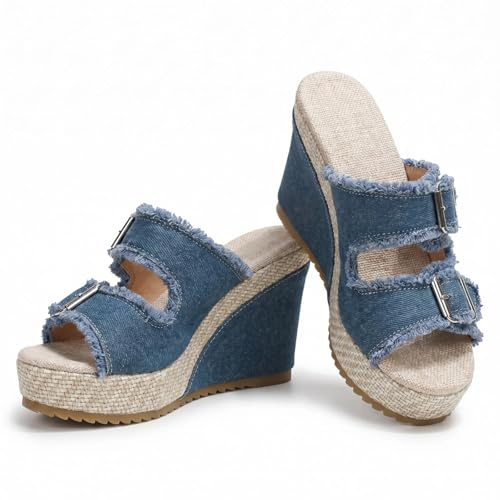 Espadrilles compensées en denim pour femme, bout ouvert, sangles à boucle, talons compensés habillés en denim pour femme