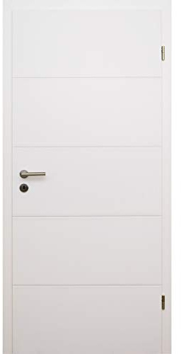 HORI Zimmertür Komplettset mit Zarge und Türdrücker I Innentür weiß lackiert mit 4 Querstreifen I Höhe 198,5 cm I Anschlag, Breite und Wandstärke wählbar - DIN rechts - 1985 x 735 x 100 mm
