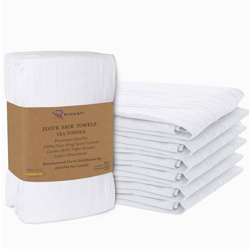 RUVANTI Flour Sack Towels 6 Pack 28x28 Inch, 100% Cotton Tea Towel, Reusable, Machine Washable, Absorbent BarTowels - Dish Cloth Perfect for Drying Dishes & Cleaning - White