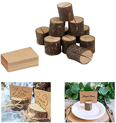 YUEMING 10Pcs Place Card Holders, Rustic Wood Table Card Holder, Number Stand with 10 Kraft Paper Wooden Menu Holder Place Name Memo Card Holder for Wedding Decorations and Party