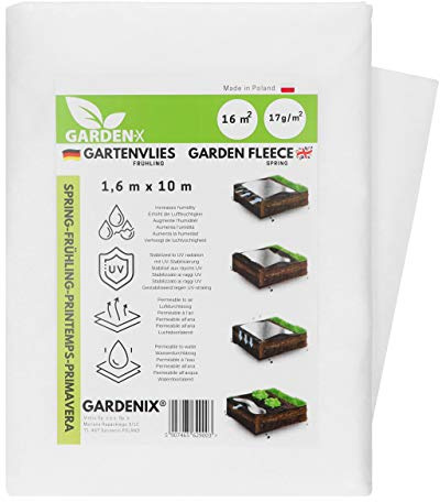 GARDENIX® 16 m² Spring Fleece for Plants - Frost Plant Protection - UV stabilised - Tear-Resistant and Water permeability - Cover From Birds and Insects (1,6m x 10m)