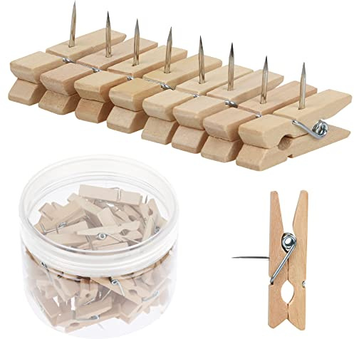 50 PCS Push Pin with Wooden Clips, Durable Wooden Push Pins, Decorative Pushpins Tacks Thumbtacks, Tacks for Cork Board Artworks Notes Photos, Craft Projects, Offices and Homes (Burlywood)