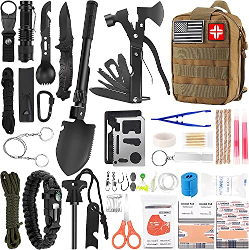 Emergency Survival Kit and First Aid Kit, 142Pcs Professional Survival Gear and Supplies Equipment with Molle Pouch, Gift for Christmas Men Dad Husband Camping Hiking Hunting Outdoor Adventure (Khaki)