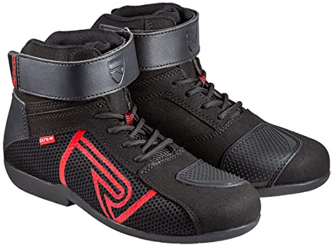 Bottes moto CURVE Rubi noires/rouges | Homme et femme | Microfibre | Utilisation urbaine | Renfort changement de vitesse, détails rouges, lacets, semelle antidérapante | Homologué