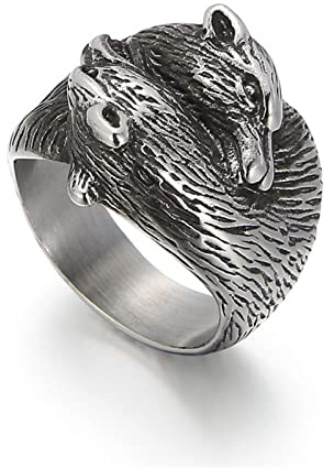 RobertDTesta Anillo De Hombre con Doble Cabeza De Lobo, Anillo De Acero Inoxidable con Cabeza De Lobo De Época Vikinga,Plata,12