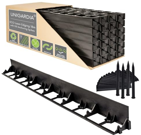 Flexible Lawn Edging 18 m - Invisible Plastic Garden Edge with 100 Securing Pegs - Easy to Use, Weather Resistant - Grass, Flowerbed & Path Border Edging, Height 78 mm, Black