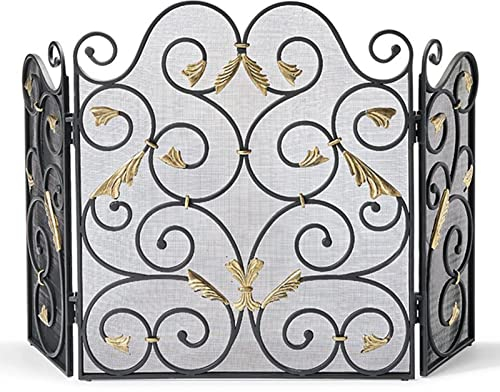 Funkenschutzgitter Rustikaler 3-teiliger Kaminschutz, Extra Groß, 140×90cm, Robuster Funkenschutz In Schwarz und Gold für Portikus-Kaminbereiche