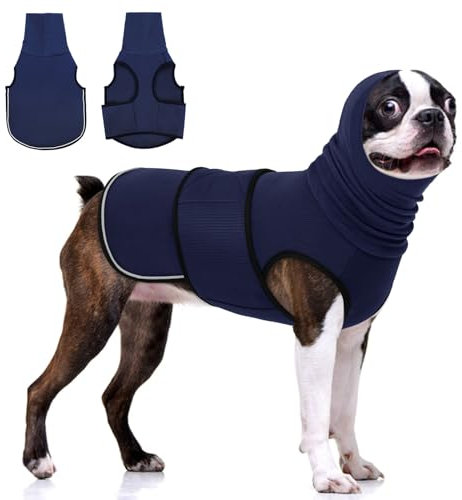 KOESON Hunde-Kapuzenpullover, Donnerjacke, Hunde-Angstweste mit Ohrwickel, atmungsaktives Hunde-beruhigendes Shirt für Feuerwerk, Donner, Reisen, Trennung, Anti-Angst-Beruhigungsweste, Blau, Größe XS