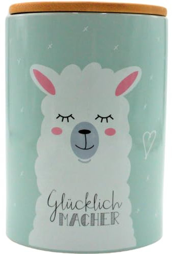 Dekohelden24 Stilvolle Keramik Aufbewahrungsdose/Kaffeedose/Frischhaltedose/Gebäckdose Glücklich Macher. Motiv: Lama. Größe: H/Ø 15,6 x 11 cm.