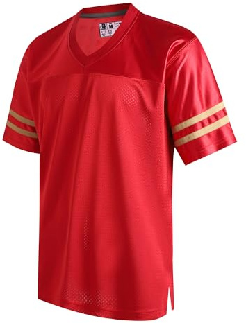 DEHANER Red Plain American Football Jersey for Men Unisex 90s 00s 10s Hip Hop Hipster Shirts Baseball Basketball Tops Gold Stripe-Red Jersey,Men Size X-Large