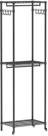 Trintion Multifunktionale Kleiderstange - Mit 3 Etagenregalen, Seitenhaken und sperrbaren Rollen, robust und langlebig, einfach zu montieren, geeignet für Schlafzimmer, Wohnzimmer und mehr (60cm)