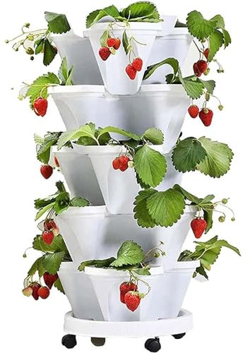 Tour de jardin verticale empilable pour fraises et herbes, tour de fleur multicouche avec design à quatre pétales, pot en plastique avec plateau inclus