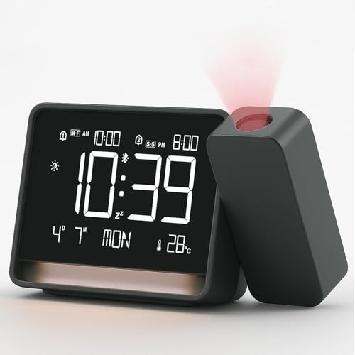 VORRINC Despertador con proyección con sincronización de tiempo Bluetooth, proyección giratoria de 180°, atenuador, función de repetición, indicador de temperatura y puerto de carga USB, despertador