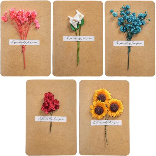 Biglietto Auguri, 5 Pcs Biglietto Auguri Compleanno, Retrò Carta Kraft Fiori Secchi Biglietto Auguri Compleanno, Busta Carta Invito, per Matrimonio Compleanno Natale (15 * 10cm)