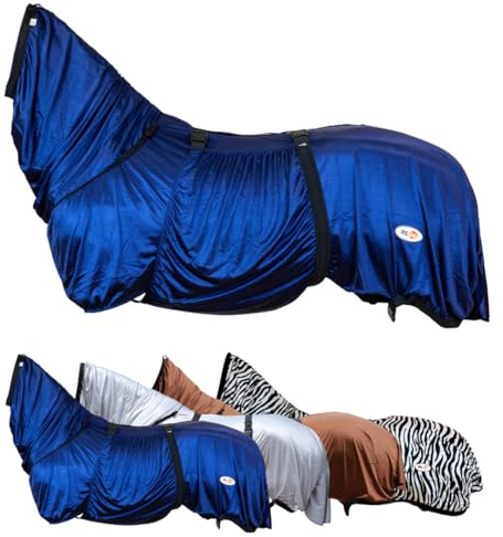 RL24 - Ekzemerdecke mit Halsteil & Bauchlatz – Fliegendecke z. Schutz vor Insekten – feinmaschiges Gewebe, doppelter Frontverschluss & Beinschnüre – Outdoor-Pferdedecke in Nachtblau – 155cm