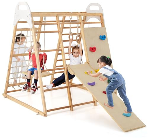 DREAMADE Ensemble Échelle d'escalade 8 en 1 pour Enfants 1+ Ans à Grimper, Balançoire, Triangle d’Escalade Éducatif en Bois Massif avec Structure Stable pour Intérieurs (8 en 1 | Nature)