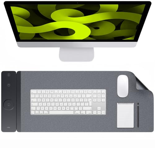Allity Tapis de Bureau Grand pour Ordinateur Portable et Clavier avec Chargeur Induction 3-en-1, Double Face Filc & Cuir Synthétique, Support Magnétique, Surface Spacieuse, Noir