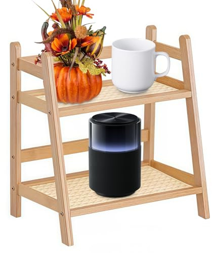 BAIFULAI Estantería para mesa de cocina, 29 x 27 x 18 cm, 2 niveles, imitación de bambú, tejido de ratán, estante decorativo para especias, almacenamiento de bambú, soporte para flores, estantería