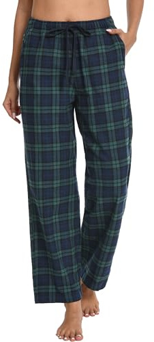 Nutria Pantaloni da pigiama da donna in flanella a quadretti in cotone morbido spazzolato PJ Bottoms caldo lounge sonno invernale biancheria da notte con tasche D06B, Verde e blu navy a scacchi, XXL