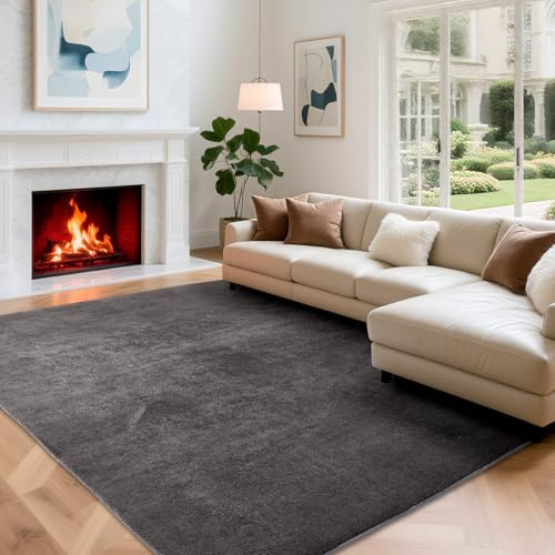 Wohnzimmerteppich, Kurzflor Teppiche Wohnzimmer Deko Flauschiger Weich Waschbarer & Anti-Rutsch Modern Einfarbiges Teppich für Schlafzimmer, Kinderzimmer, Bettvorleger Matte, 120x170cm, Dunkelgrau