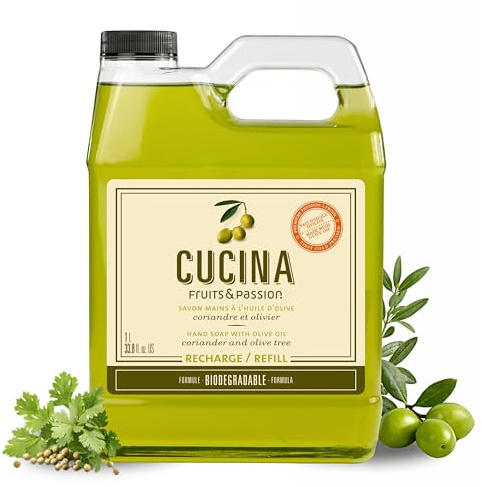 Cucina Fruits & Passion Hand Soap Refill, Coriander & Olive Tree, 1 L (33.8 fl oz), Liquid Hand Soap with Moisturizing Olive Oil, Biodegradable, Vegan Formula, Kitchen & Bathroom