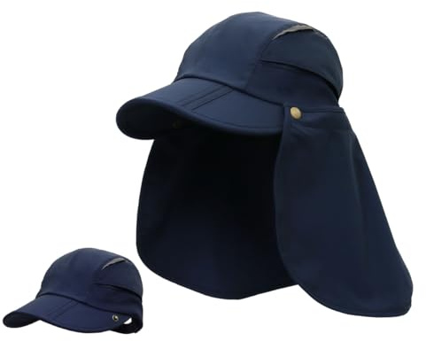 Magracy Mens Womens Outdoor Wide Brim Sun Cap Mesh UPF50+ Neck Flap Hat Quick Dry Fishing Hats Navy Blue