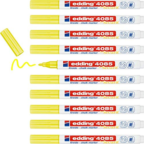 edding 4085 Kreidemarker - neon-gelb - 10 Kreidestifte - Rundspitze 1-2 mm - dünner Kreidestift für Tafel abwischbar - zum Beschriften von Fenster, Glas, Spiegel - Tafelstift mit deckenden Farben