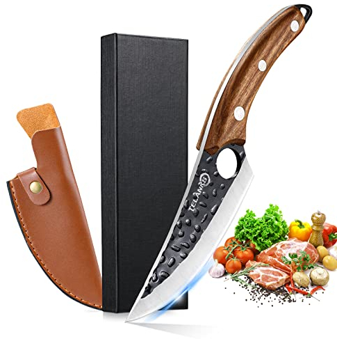 TELANKS 6-Zoll Japanisches Küchenmesser Geschmiedet – Profi Küchen Messer mit Lederhülle, Fingerloch & Holzgriff, Scharfes Kochmesser für Fleisch, Gemüse & Grill