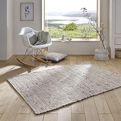 Taracarpet Handweb-Teppich Malmoe Wolle im Skandinavischem Landhaus Design Wohnzimmer Esszimmer Schlafzimmer Flur Läufer beidseitig verwendbar hellgrau meliert 070x130 cm